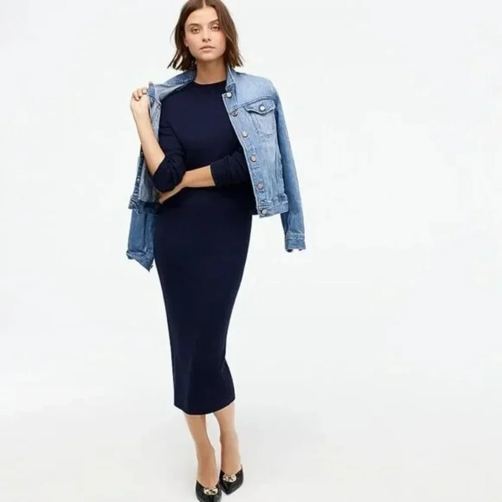 NWT J.Crew Long Sleeve Ribbed Knit Midi in Navy Blue Stretch Dress S